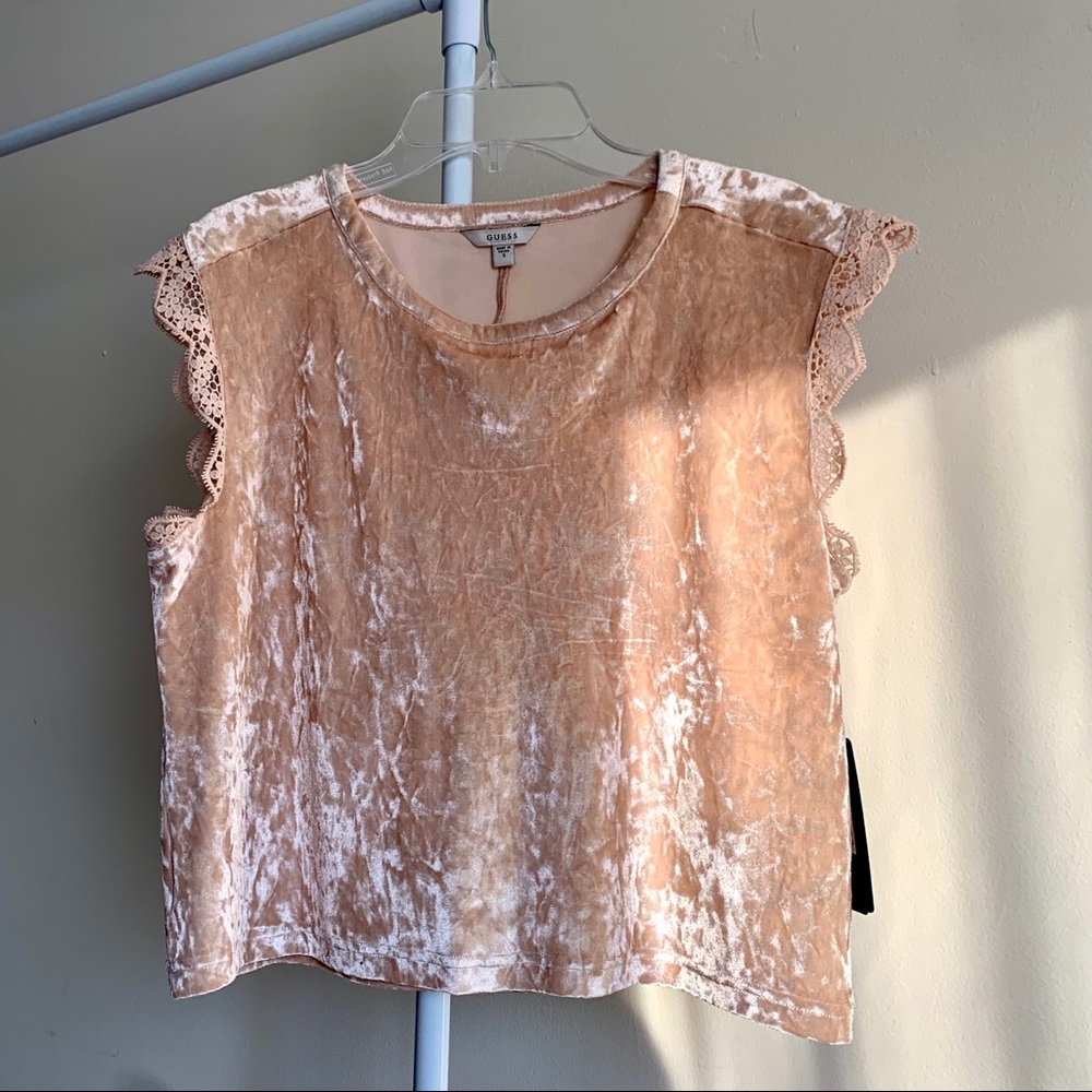 Guess Crushed Velvet Top with Crochet Detailing